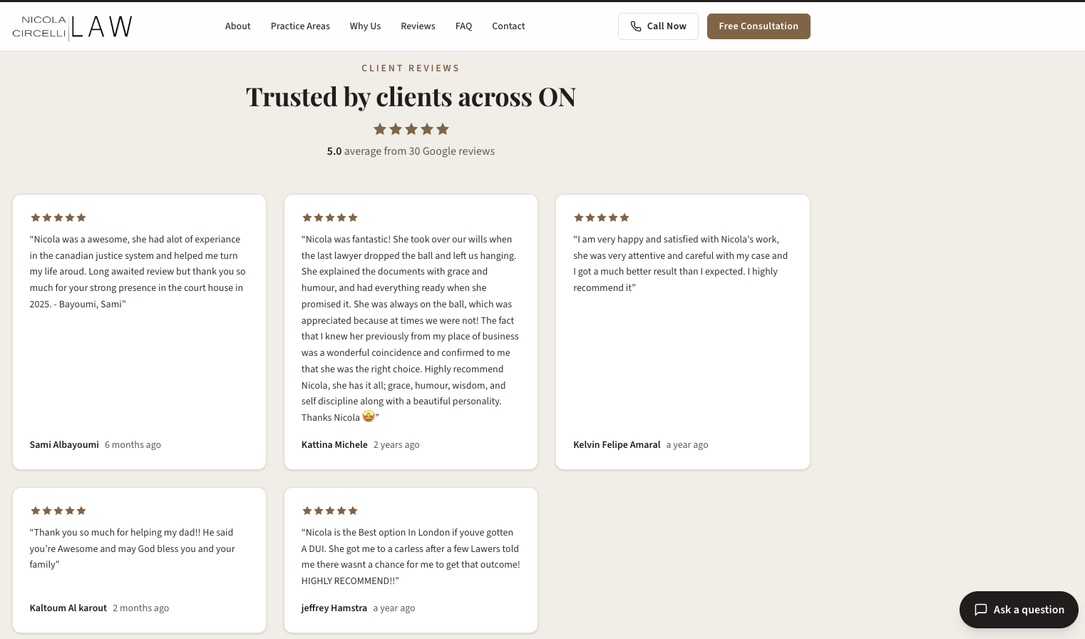 Client reviews section with Google ratings